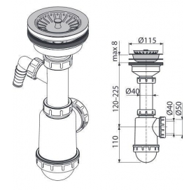 Сифон Alcaplast A446P-DN50/40 для мойки с нержавеющей решёткой d115