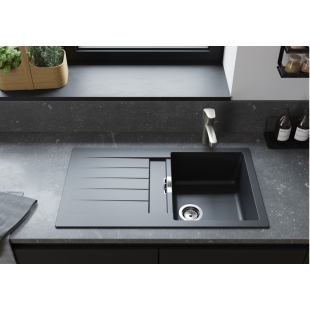 Кухонная мойка Hansgrohe S52, гранит, прямоугольник, с крылом, 840х480х190мм, чаша – 2, накладная, S520-F345, черный графит