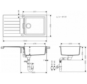 Кухонная мойка Hansgrohe S52, гранит, прямоугольник, с крылом, 980х480х190мм, чаша – 1, накладная, S520-F480, черный графит