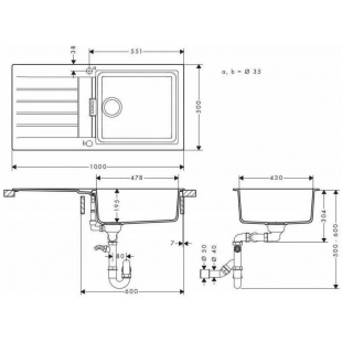 Кухонная мойка Hansgrohe S52, гранит, прямоугольник, с крылом, 980х480х190мм, чаша – 1, накладная, S520-F480, черный графит