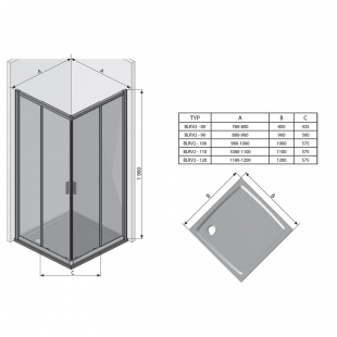 Квадратна душова кабіна Ravak BLIX BLRV2K-110 полірований алюміній TRANSPARENT, 1XVD0C00Z1