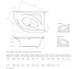 Ванна акриловая RADAWAY Mistra 170x110P (WA1-07-170x110PS) + ножки (68Р) + сифон R135L
