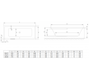 Ванна акриловая RADAWAY TEA 170x75 (WA1-51-170x075S) + ножки (NWE-68) + сифон R135L