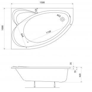 Ванна акриловая KOLO SUPERO 150x100, левосторонняя + ножки SN7 5537000