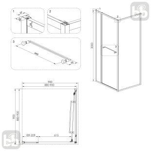 Душова кабіна Volle CRUZE,  90x90x200, без піддону, скло прозоре COME IN, 1047.124701