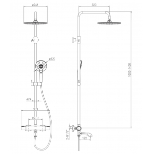Душевая система VOLLE SISTEMA E смеситель для ванны, верхний и ручной душ 1 режим, шланг полимер 1,6м 1580.090601