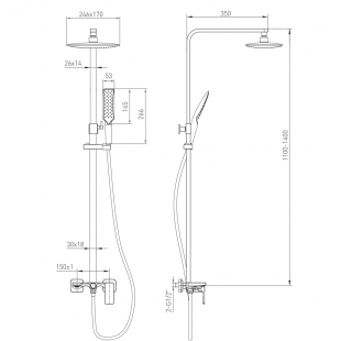 Душевая система VOLLE SISTEMA P смеситель для ванны, верхний и ручной душ 1 режим, шланг полимер 1,6м 1584.090101