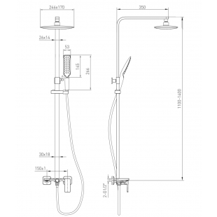 Душова система VOLLE SISTEMA P змішувач для ванни, верхній та ручний душ 1 режим, шланг полімер 1,6м 1584.090201