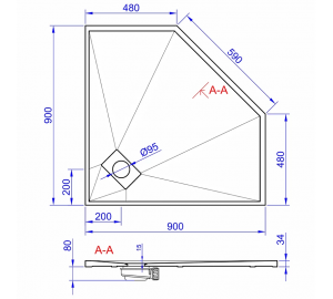 Душевой пятиугольный поддон Weston WT5 90x90x3.4 белый WPD-P-90x90