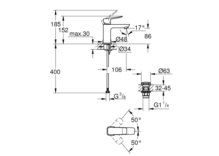 Смеситель для раковины Grohe QuickFix Dice S-Size 1018570000 с донным клапаном