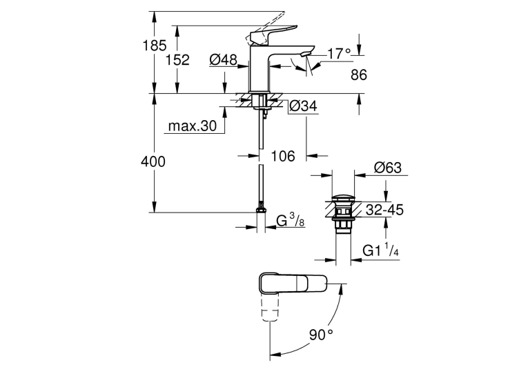Змішувач для раковини Grohe QuickFix Dice ES S-Size 1018610000 з донним клапаном