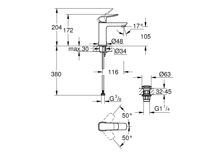 Змішувач для раковини Grohe QuickFix Dice M-Size 1018330000 з донним клапаном