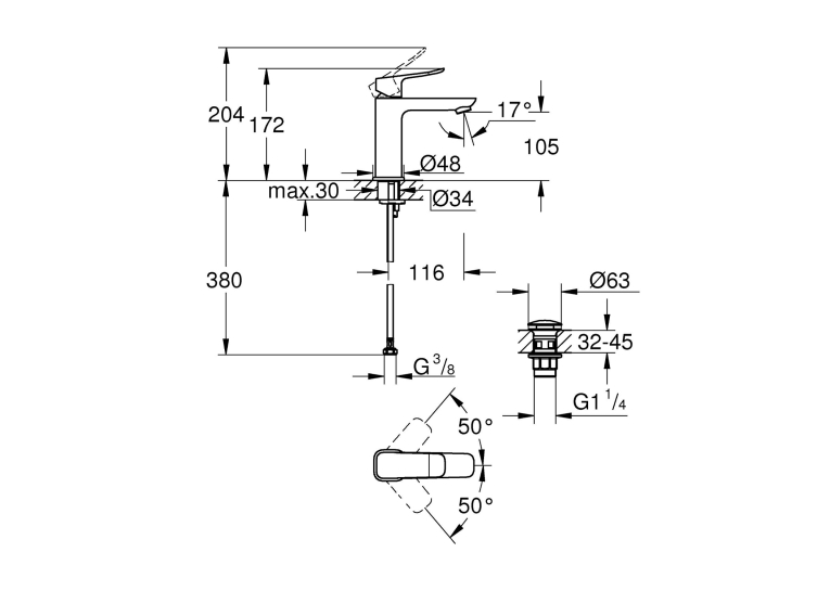 Змішувач для раковини Grohe QuickFix Dice M-Size 1018332430 з донним клапаном