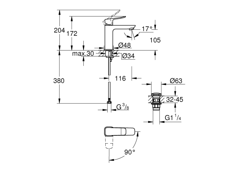 Змішувач для раковини Grohe QuickFix Dice ES M-Size 1018360000 з донним клапаном