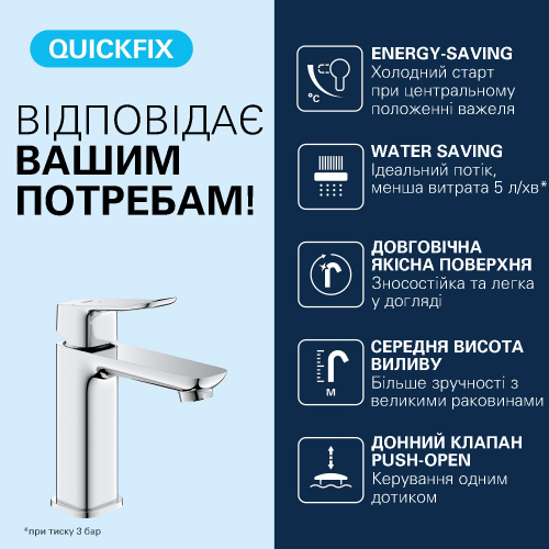 Змішувач для раковини Grohe QuickFix Dice ES M-Size 1018360000 з донним клапаном