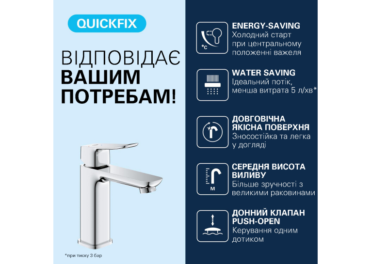 Змішувач для раковини Grohe QuickFix Dice ES M-Size 1018360000 з донним клапаном
