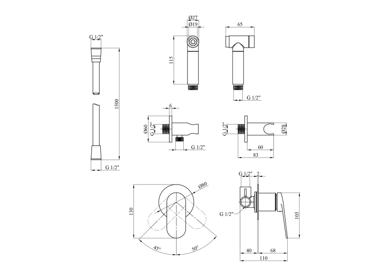 Набір для гігієнічного душу зі змішувачем Kroner Element 211234-0101 (CV035991)