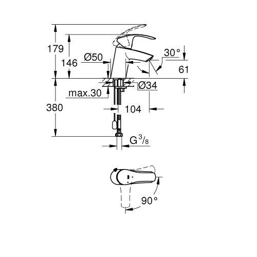 Смеситель однорычажный для раковины Grohe Eurosmart S-Size с цепочкой (23372002)