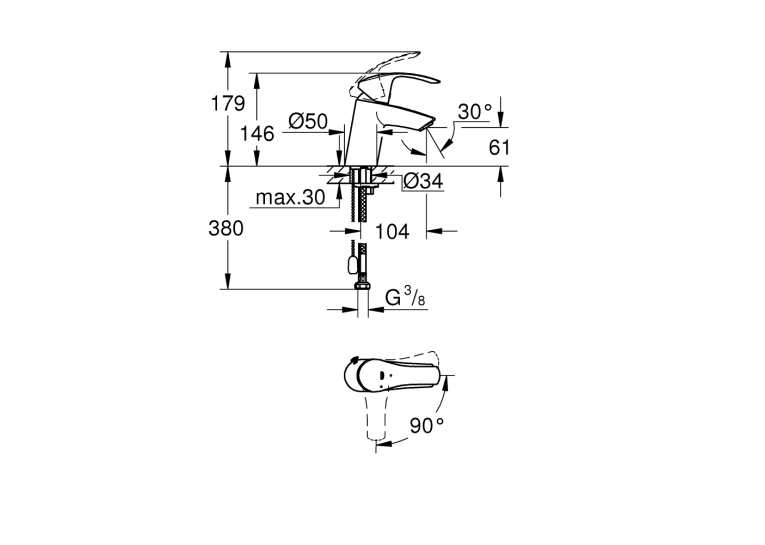 Смеситель однорычажный для раковины Grohe Eurosmart S-Size с цепочкой (23372002)