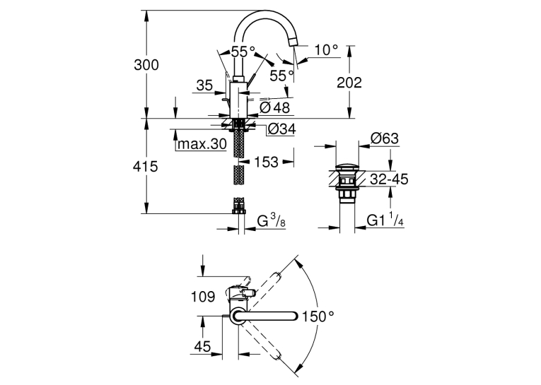 Однорычажный смеситель для раковины Grohe Eurosmart Cosmopolitan L-Size нажимной донный клапан (23933001)