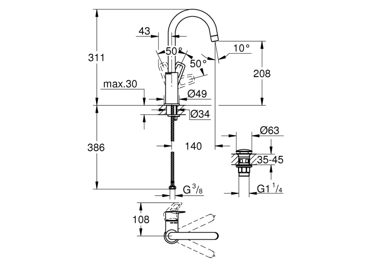 Одноважільний змішувач для раковини Grohe BauLoop New L-Size + нажимний донний клапан (23891001)