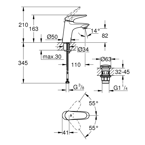 Одноважільний змішувач для раковини Grohe Wave S-Size + донний клапан (23582001)