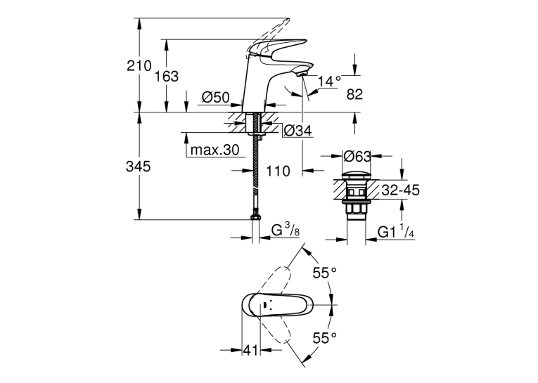 Одноважільний змішувач для раковини Grohe Wave S-Size + донний клапан (23582001)