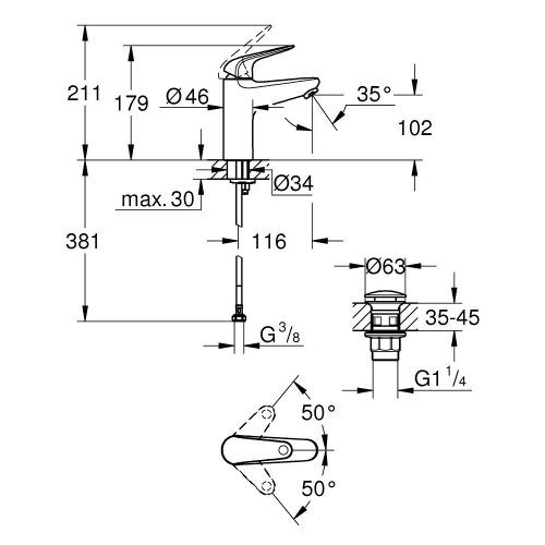 Однорычажный смеситель для раковины Grohe Euroeco S-Size (24267001)