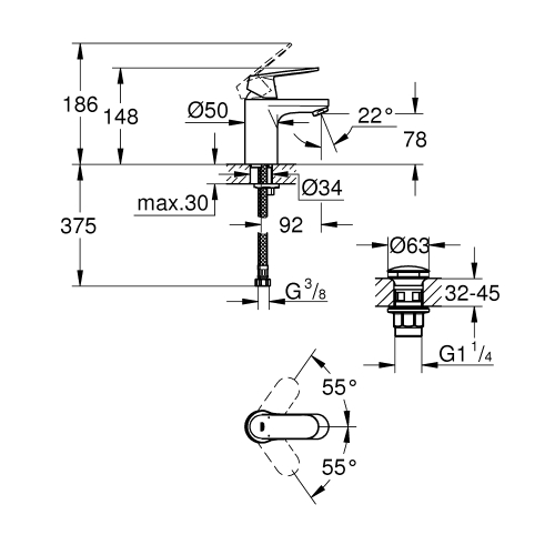 Одноважільний змішувач для раковини Grohe Eurosmart Cosmopolitan S-Size нажимний донний клапан (23925000)