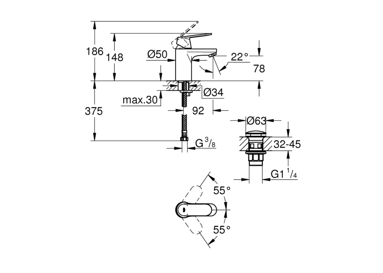 Однорычажный смеситель для раковины Grohe Eurosmart Cosmopolitan S-Size нажимной донный клапан (23925000)