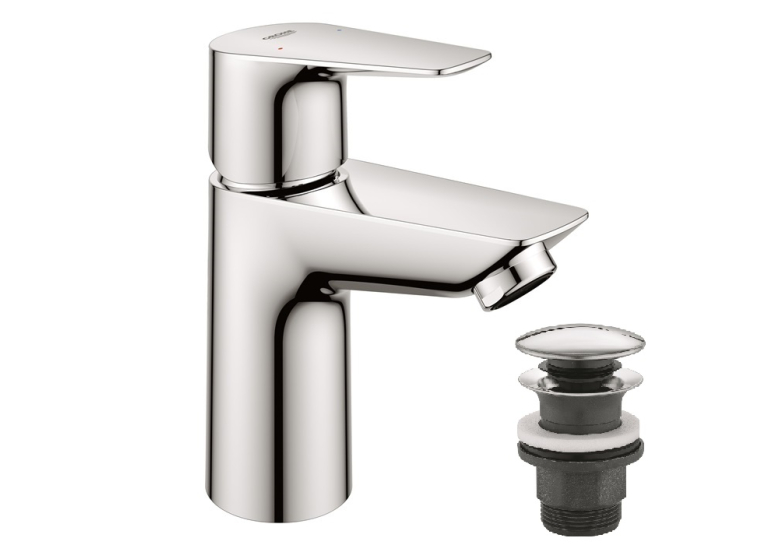 Однорычажный смеситель для раковины Grohe BauEdge New S-Size LowFlow + нажимной донный клапан (23896001)