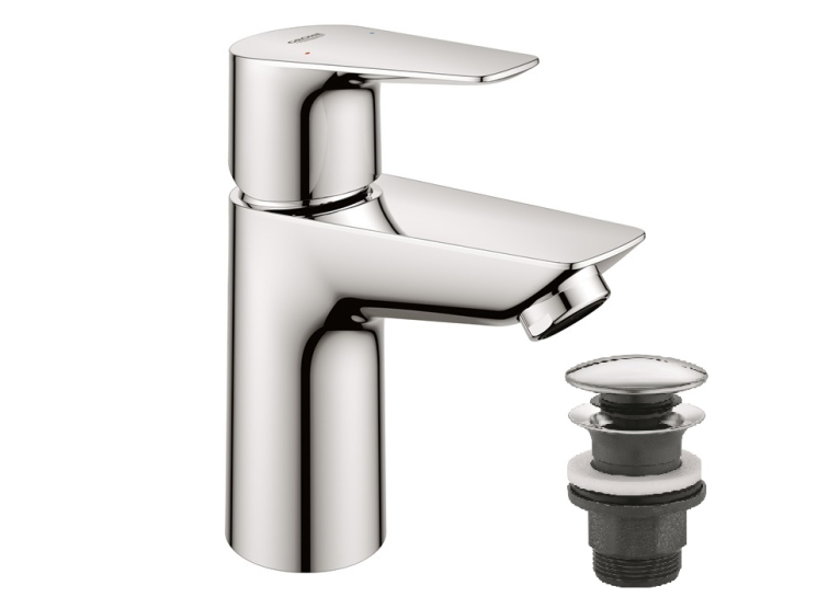 Однорычажный смеситель для раковины Grohe BauEdge New S-Size LowFlow + нажимной донный клапан (23896001)