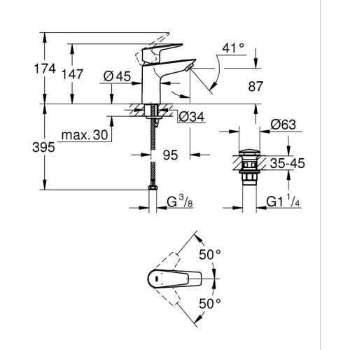 Однорычажный смеситель для раковины Grohe BauEdge New S-Size LowFlow + нажимной донный клапан (23896001)