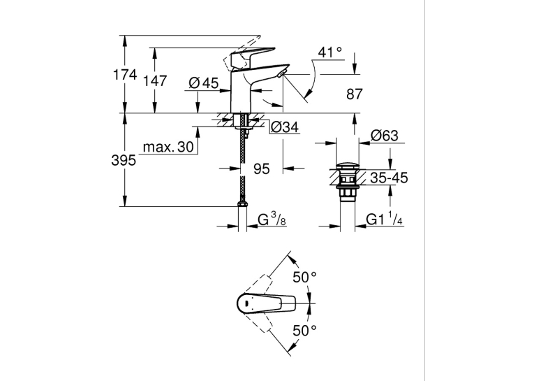 Однорычажный смеситель для раковины Grohe BauEdge New S-Size LowFlow + нажимной донный клапан (23896001)