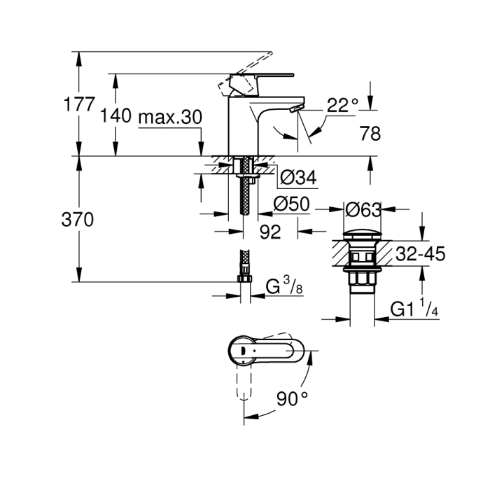 Одноважільний змішувач для раковини Grohe QuickFix Get  S-Size (23586000)
