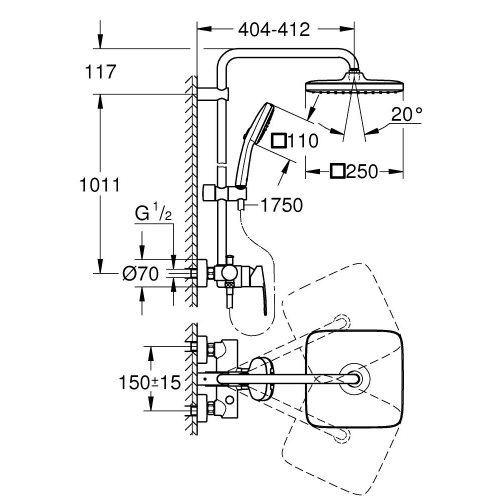 Душова система із одноважільним змішувачем настінного монтажу Grohe Tempesta System 250 Cube (26692001)