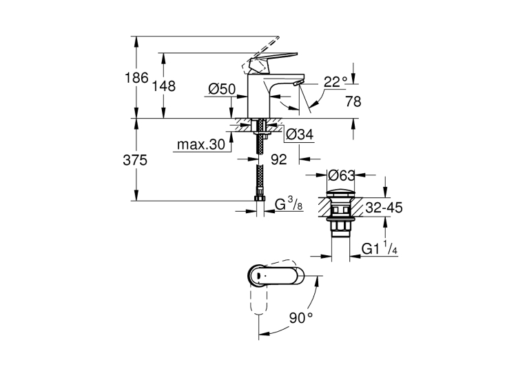 Однорычажный смеситель для раковины Grohe Eurosmart Cosmopolitan S-Size нажимной донный клапан (23927000)