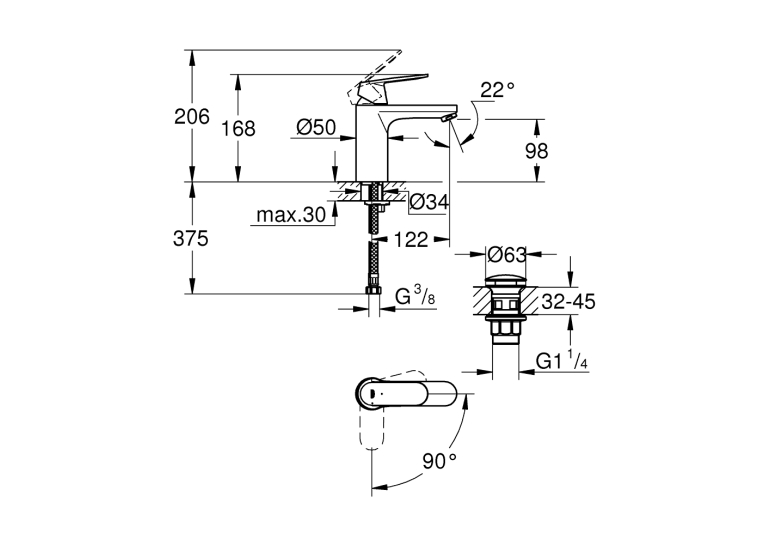Однорычажный смеситель для раковины Grohe Eurosmart Cosmopolitan M-Size нажимной донный клапан (23928000)