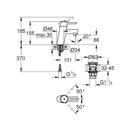 Однорычажный смеситель для раковины Grohe Concetto S-Size + нажимной донный клапан (23931001)
