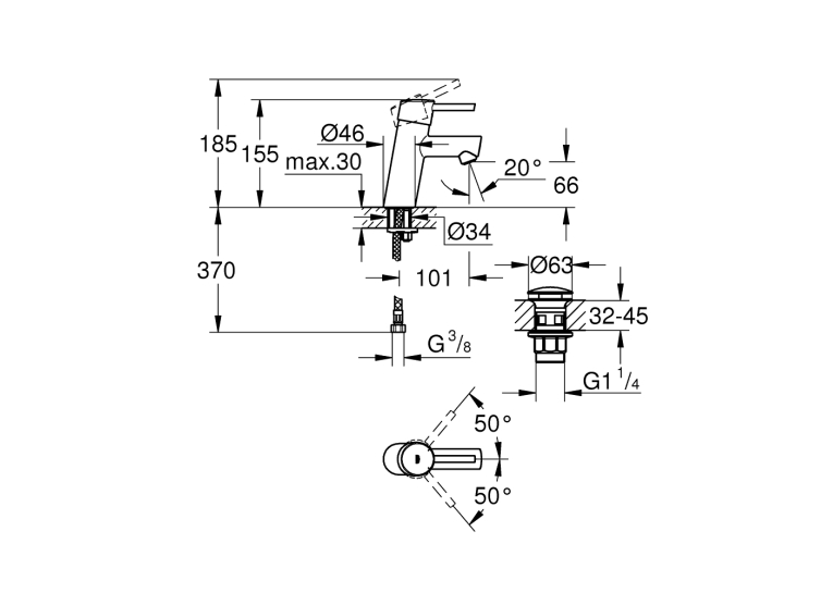Одноважільний змішувач для раковини Grohe Concetto S-Size + нажимний донний клапан (23931001)