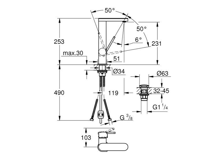 Однорычажный смеситель для раковины Grohe Plus, L-Size (23844003)