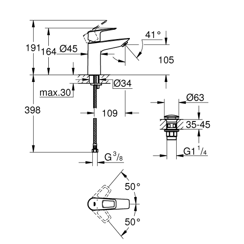 Однорычажный смеситель для раковины Grohe BauLoop New M-Size + нажимной донный клапан (23886001)