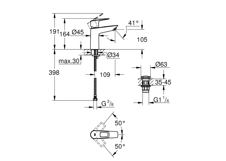 Однорычажный смеситель для раковины Grohe BauLoop New M-Size + нажимной донный клапан (23886001)