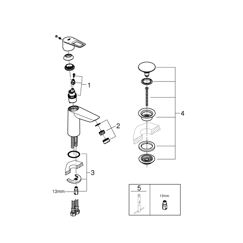 Однорычажный смеситель для раковины Grohe BauLoop New M-Size + нажимной донный клапан (23886001)