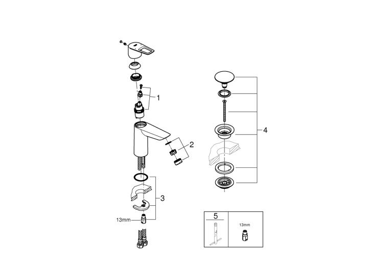 Однорычажный смеситель для раковины Grohe BauLoop New M-Size + нажимной донный клапан (23886001)