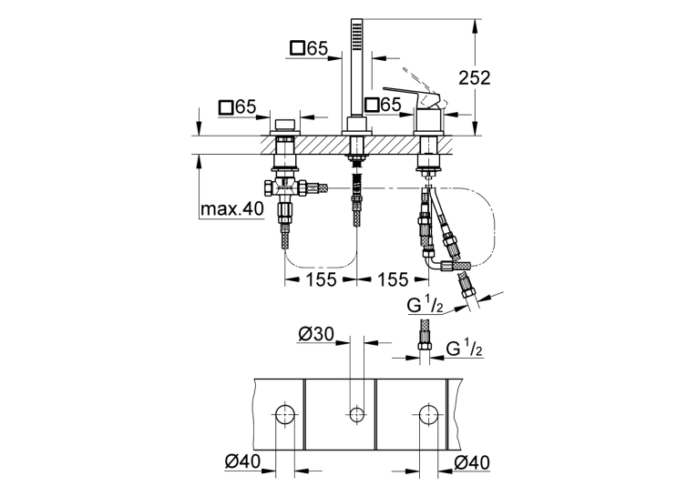 Смеситель для ванны однорычажный на 3 отверстия Grohe Eurocube (19966000)