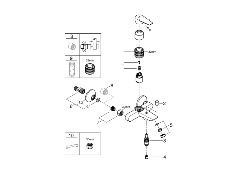 Однорычажный смеситель для ванны Grohe BauEdge New (23604001)