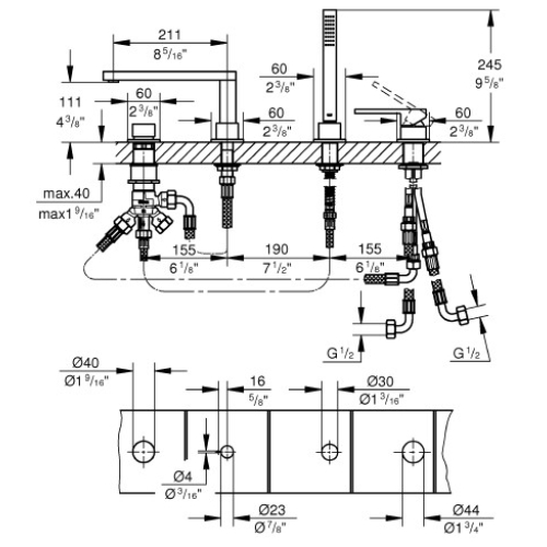 Однорычажный смеситель для ванны на 4 отверстия Grohe Plus (29307AL3) Графит матовый