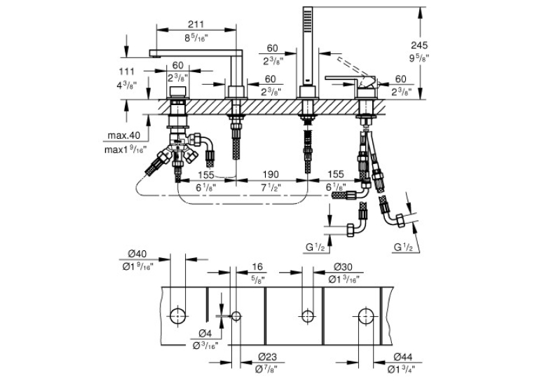 Одноважільний змішувач для ванни на 4 отвори Grohe Plus (29307AL3) Графіт матовий