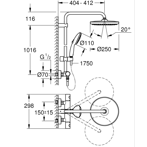 Душова система з термостатом для настінного монтажу Grohe Tempesta System 250 (26670001)